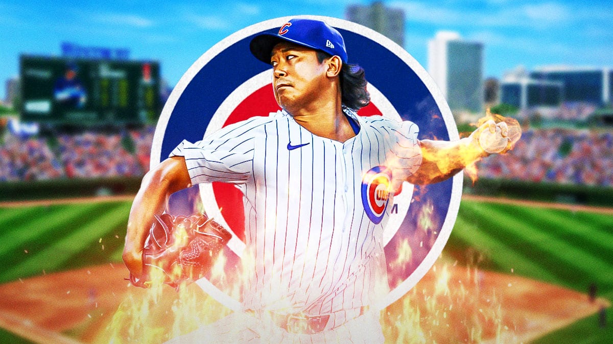 Cubs Shota Imanaga throwing a pitch surrounded by fire