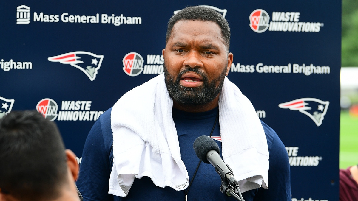New England Patriots head coach Jerod Mayo holds a press conference before training camp at Gillette Stadium. 