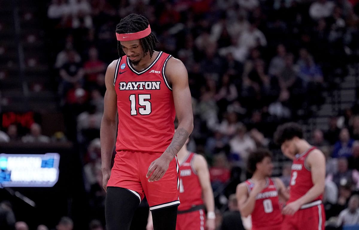 Dayton Flyers forward DaRon Holmes II (15) reacts during the second half in the second round of the 2024 NCAA Tournament against the Arizona Wildcats at Vivint Smart Home Arena-Delta Center. 