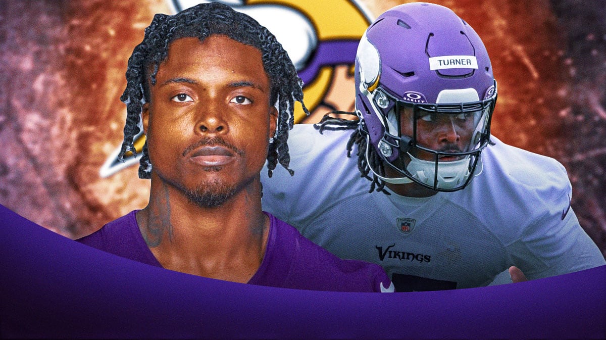 Minnesota Vikings outside linebacker Dallas Turner with former Viking cornerback Khyree Jackson. There is also a logo for the Minnesota Vikings.