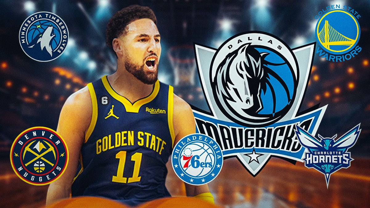 NBA shooting guard Klay Thompson with a logo for the Dallas Mavericks. He is surrounded by small logos for the following teams: Minnesota Timberwolves, Golden State Warriors, Denver Nuggets, Charlotte Hornets, and Philadelphia 76ers