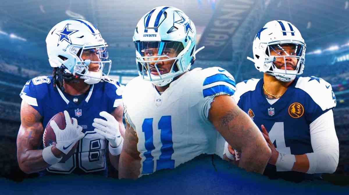 IMAGE: Dallas Cowboys wide receiver CeeDee Lamb on left side, Dallas Cowboys quarterback Dak Prescott on right side, and Dallas Cowboys edge rusher/linebacker Micah Parsons in center, with Dallas Cowboys home stadium AT&T Stadium in background