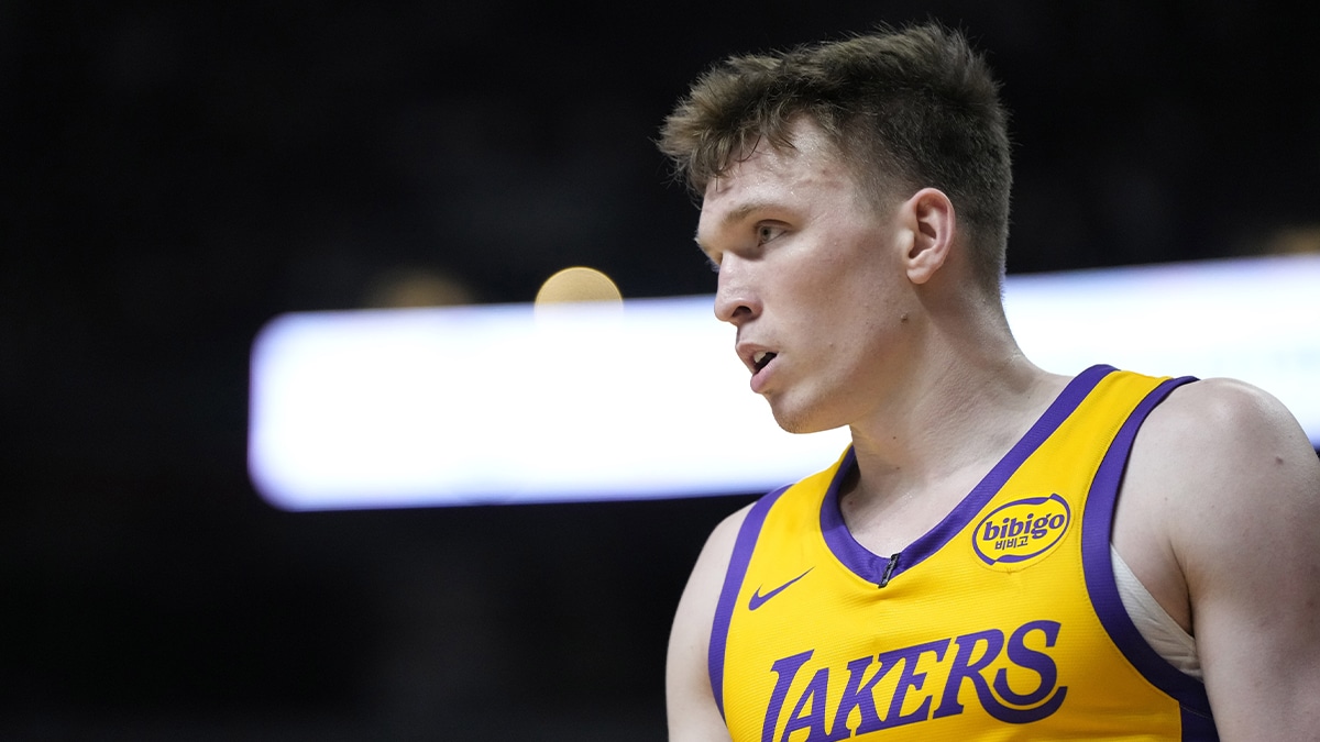 Los Angeles Lakers forward Dalton Knecht (4) competes during the first half against the Houston Rockets at the Thomas & Mack Center.