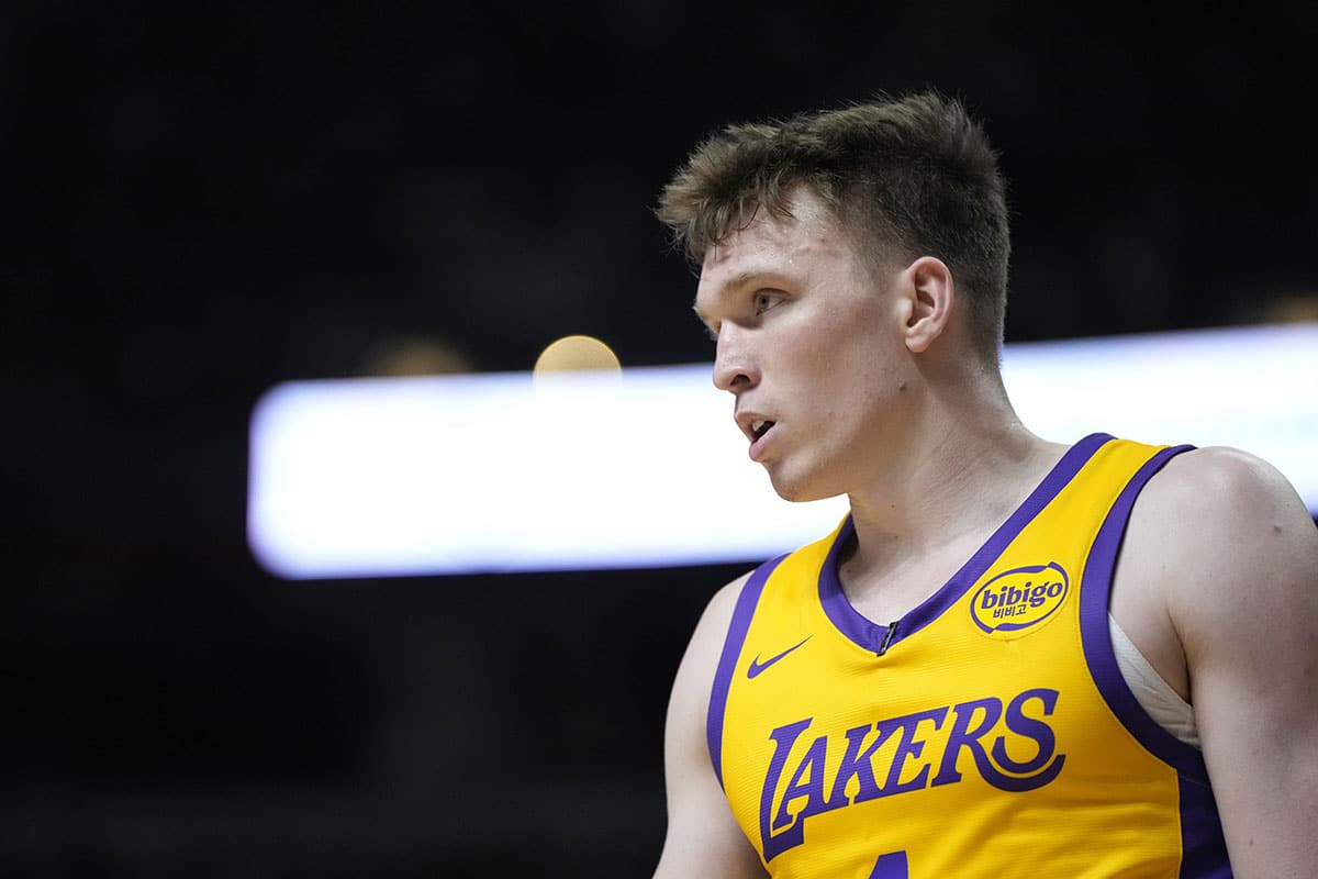 Los Angeles Lakers forward Dalton Knecht (4) competes during the first half against the Houston Rockets at the Thomas & Mack Center.