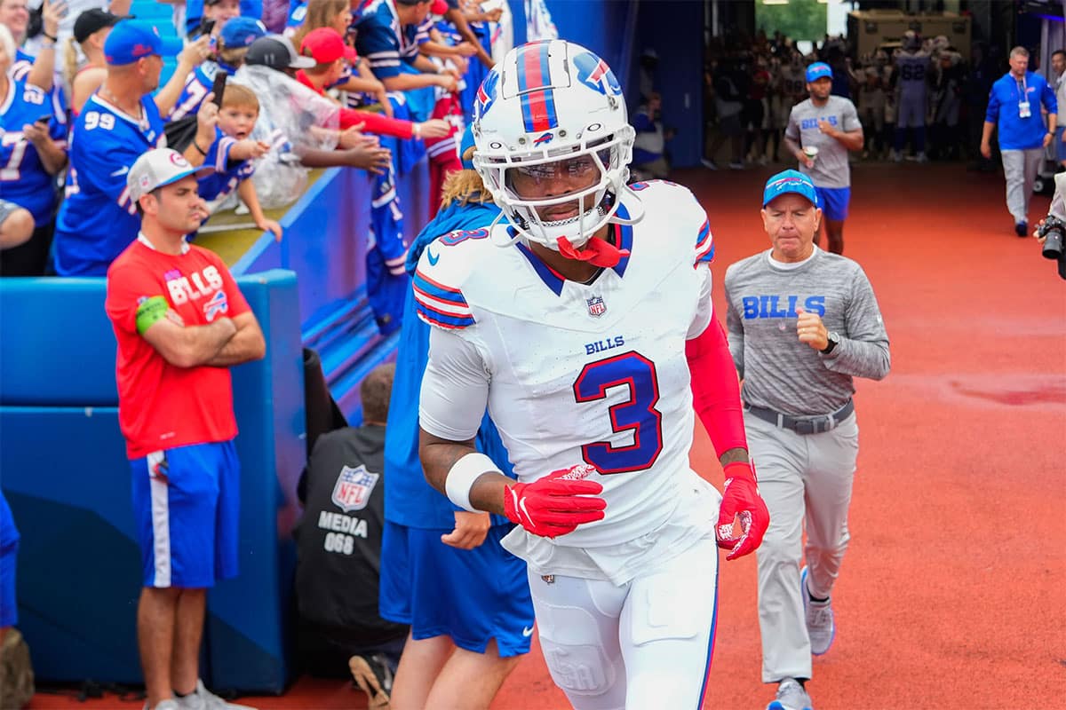Buffalo Bills safety Damar Hamlin (3) enters the playing field prior to the game against the Indianapolis Colts at Highmark Stadium. 