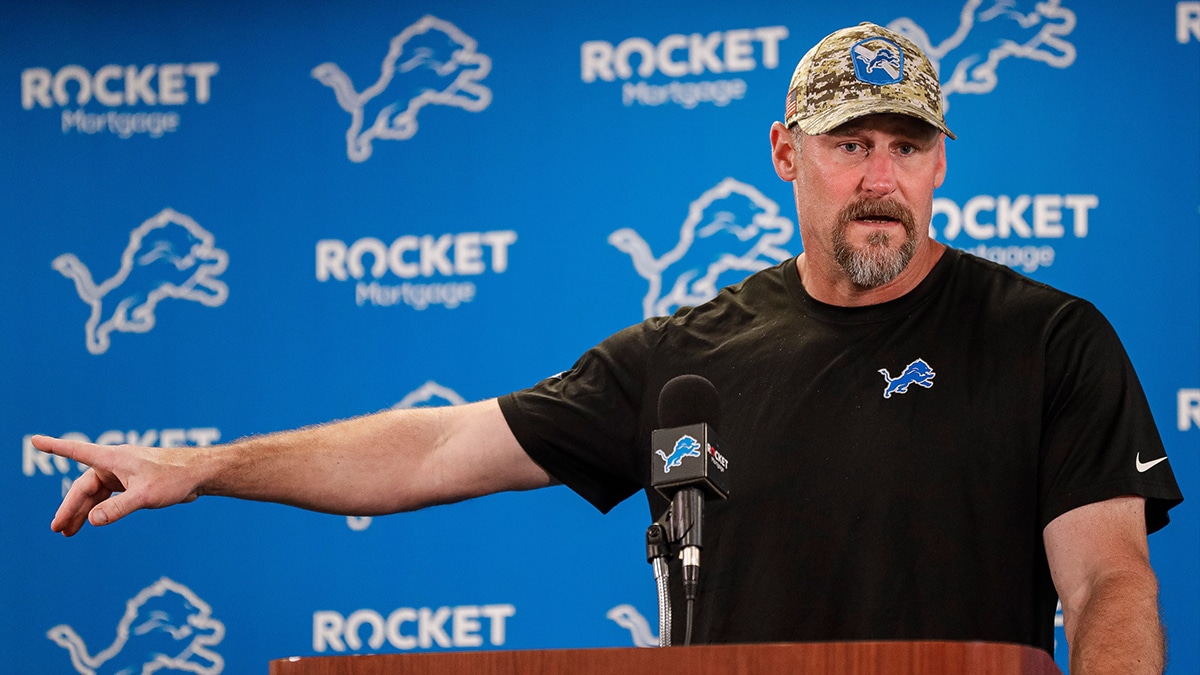 Detroit Lions head coach Dan Campbell speaks during mini camp at Detroit Lions headquarters and practice facility in Allen Park on Tuesday, June 4, 2024.