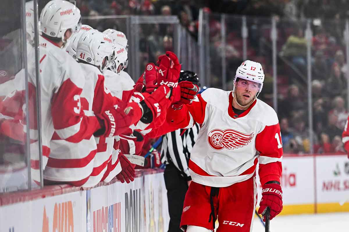 Detroit Red Wings right wing Daniel Sprong (17) celebrates his goal against the Montreal Canadiens with his teammates at the bench during the first period at Bell Centre.