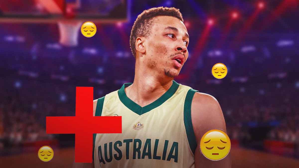 Mavericks' Dante Exum looking sad in an Australia jersey, red medical cross and sad emoji around Exum