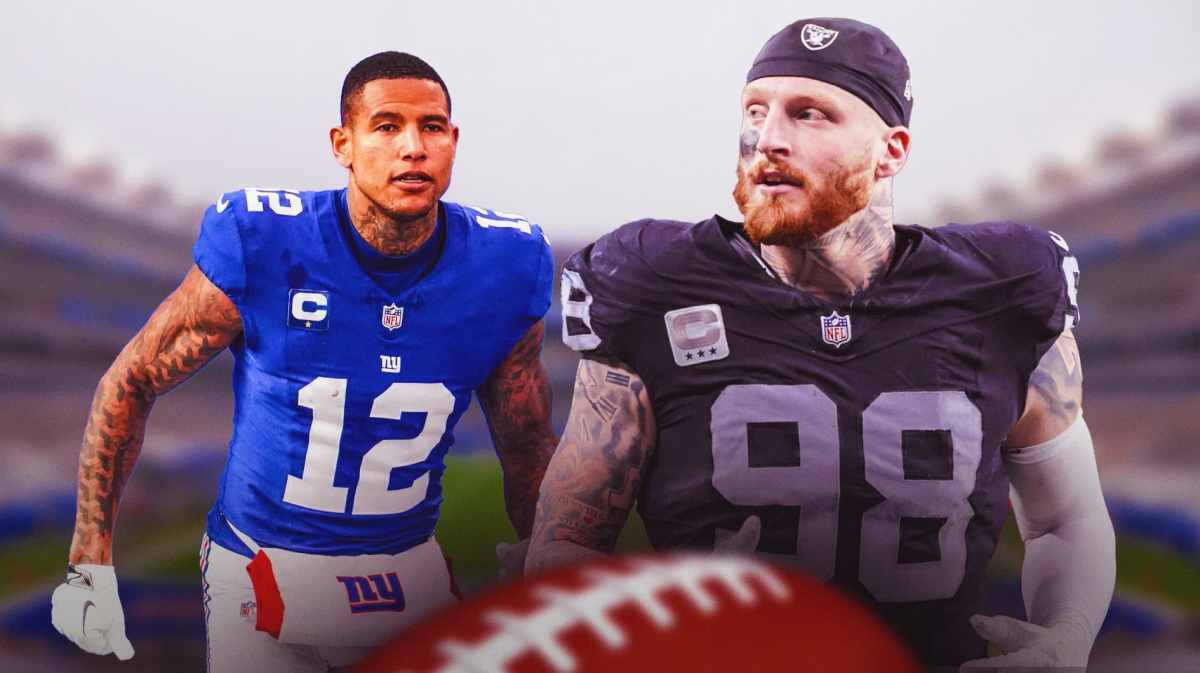 Former Giants tight end Darren Waller on left side looking serious, Raiders defensive end Maxx Crosby on right side looking serious as well