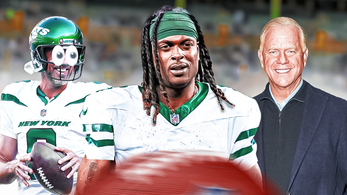 Aaron Rodgers in a Jets uniform with big eye emojis. Davante Adams in a Jets uniform. Boomer Esiason
