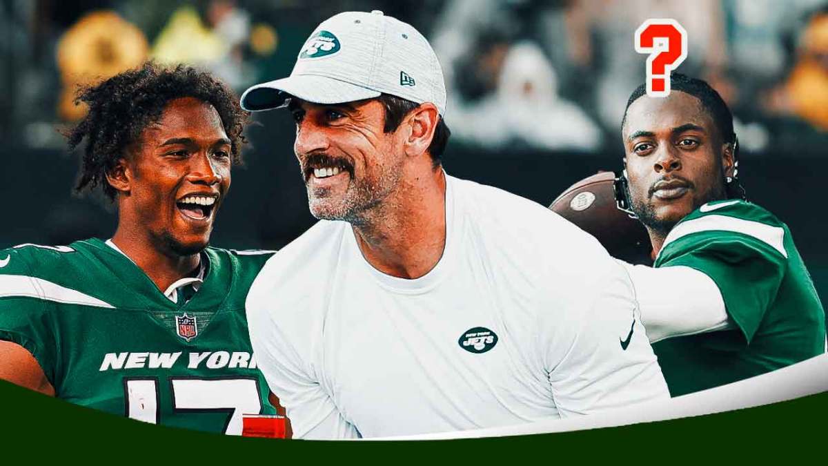 Photo: Garrett Wilson and Aaron Rodgers smiling in Jets jerseys, Davante Adams also in Jets jersey with question marks above his head