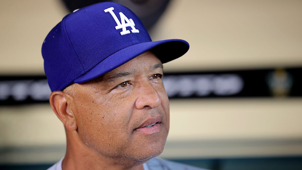 Los Angeles Dodgers manager Dave Roberts (30) in the dugout prior to the game against the Houston Astros at Minute Maid Park.