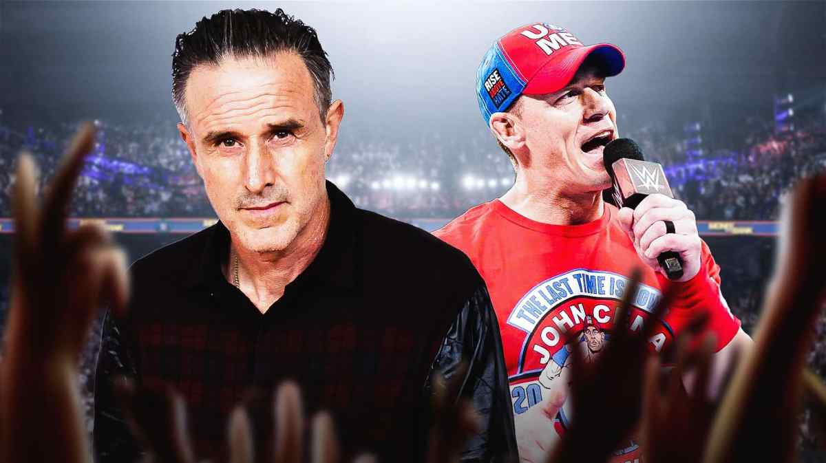 David Arquette and WWE star John Cena, who announced his retirement tour, with wrestling ring background.