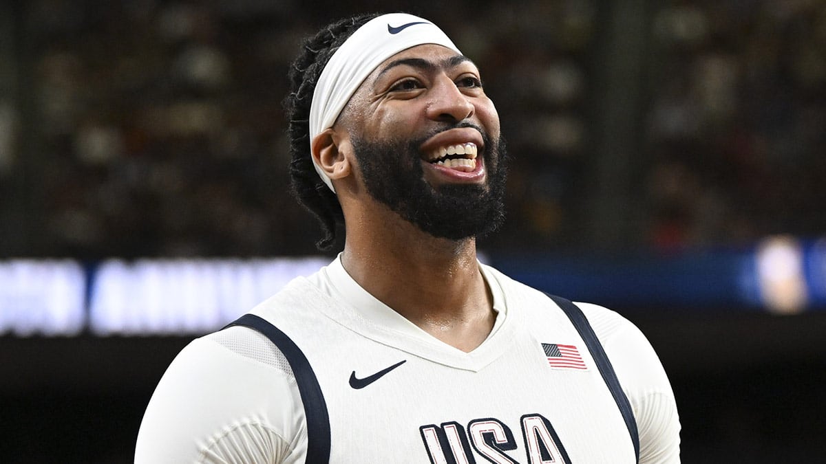 USA forward Anthony Davis (14) looks on during the fourth quarter against Canada in the USA Basketball Showcase at T-Mobile Arena. 