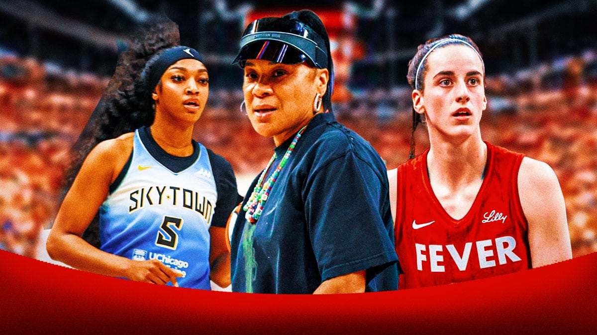 Photo: Angel Reese in Chicago Sky jersey, Dawn Staley in middle, Caitlin Clark in Indiana Fever jersey on right