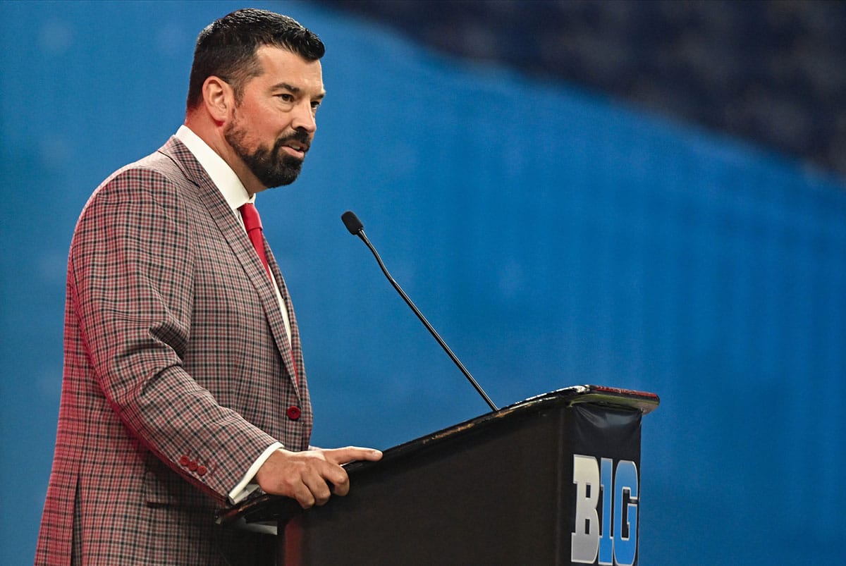 Ohio State Buckeyes head coach Ryan Day speaks to the media during the Big 10 football media day at Lucas Oil Stadium.