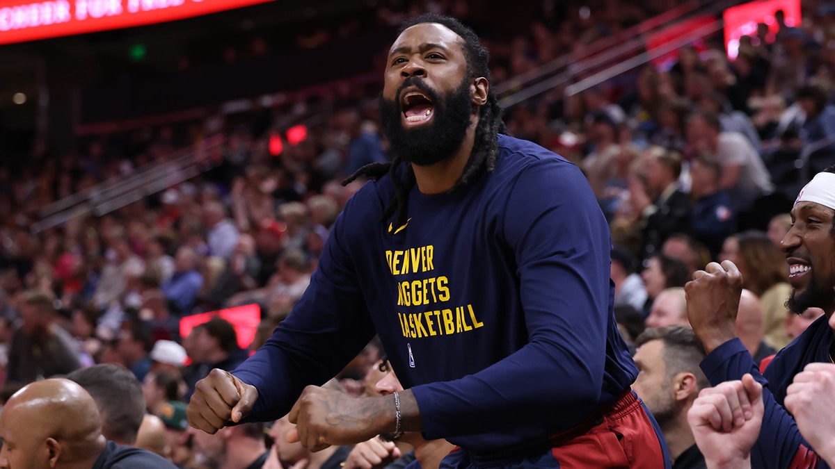 Apr 9, 2024; Salt Lake City, Utah, USA; Denver Nuggets center DeAndre Jordan (6) reacts to a free throw that prevented Utah Jazz fans from getting free chicken during the fourth quarter at Delta Center. Mandatory Credit: Rob Gray-USA TODAY Sports