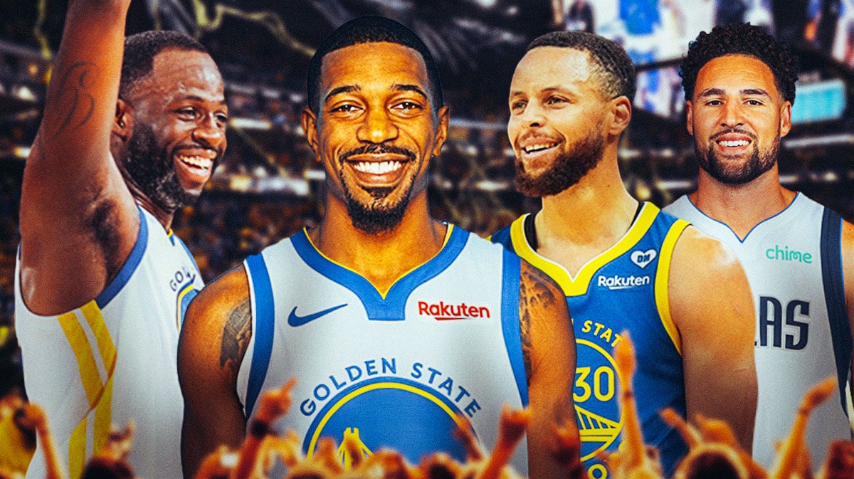 Warriors' De'Anthony Melton and Steph Curry and Draymond Green with Klay Thompson (Mavs) in background