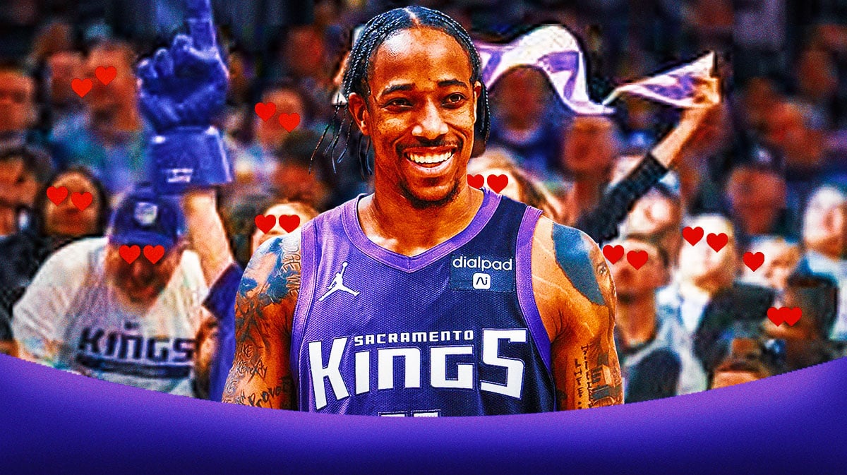 DeMar DeRozan in a Sacramento Kings uniform on one side, a bunch of Sacramento Kings fans on the other side with hearts in their eyes. DeMar DeRozan Golden 1 Center