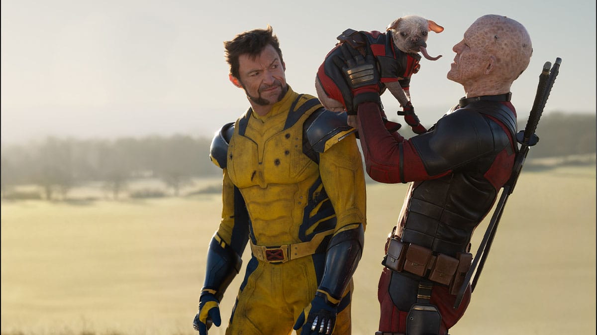 Wolverine (Hugh Jackman), Dogpool (Peggy), and Deadpool (Ryan Reynolds).
