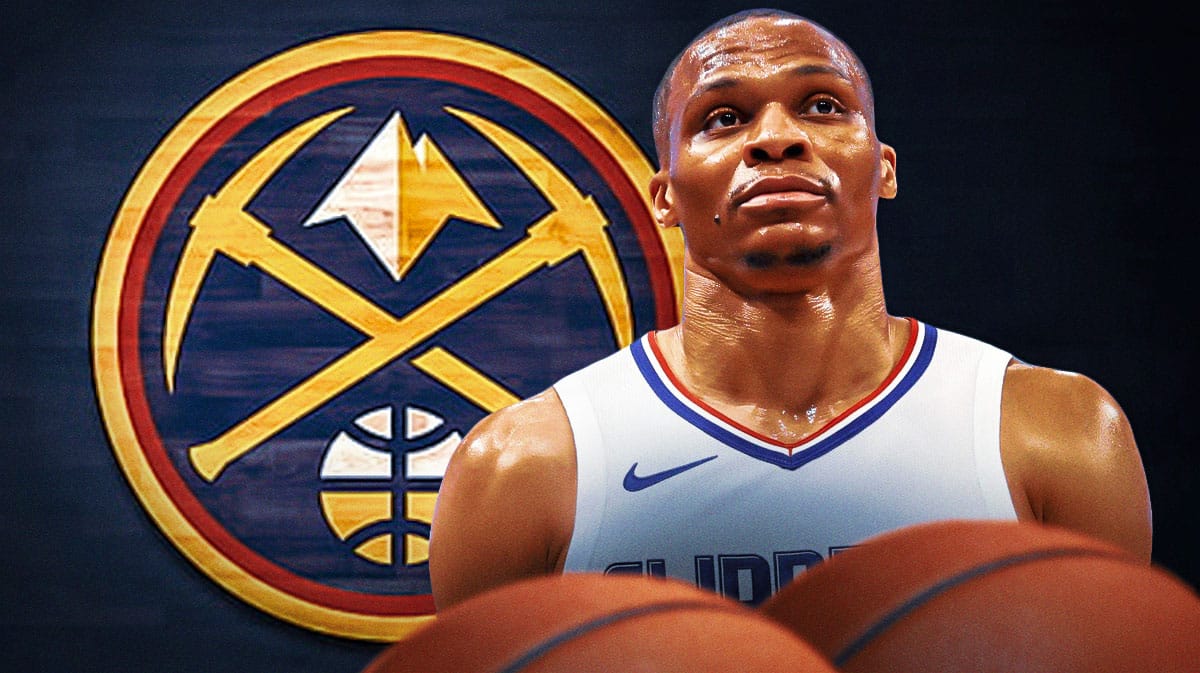 Clippers player Russell Westbrook with Nuggets logo behind.