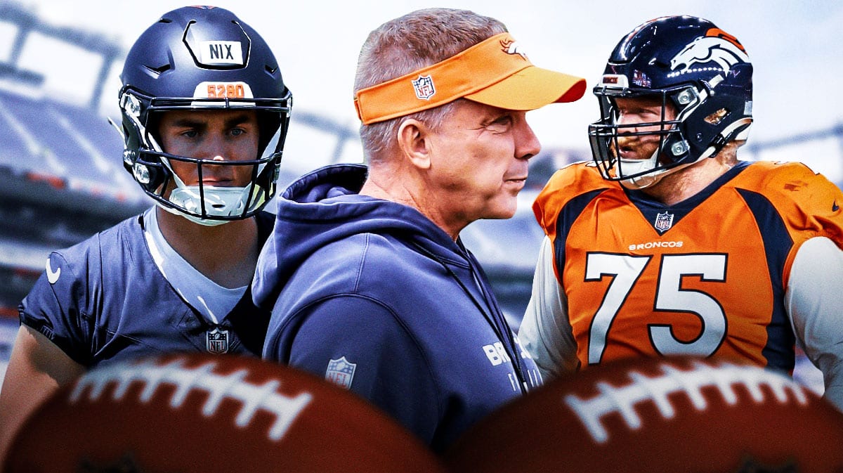 Broncos coach Sean Payton and Bo Nix looking at Quinn Bailey.