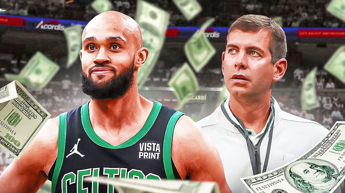Celtics Derrick White with Jayson Tatum and Jaylen Brown GM Brad Stevens