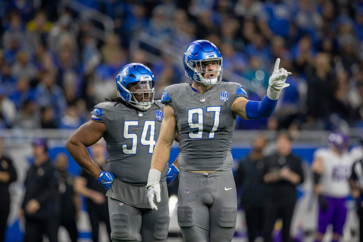 Detroit Lions defensive end Aidan Hutchinson looks at the sideline after a play against the Minnesota Vikings at Ford Field.