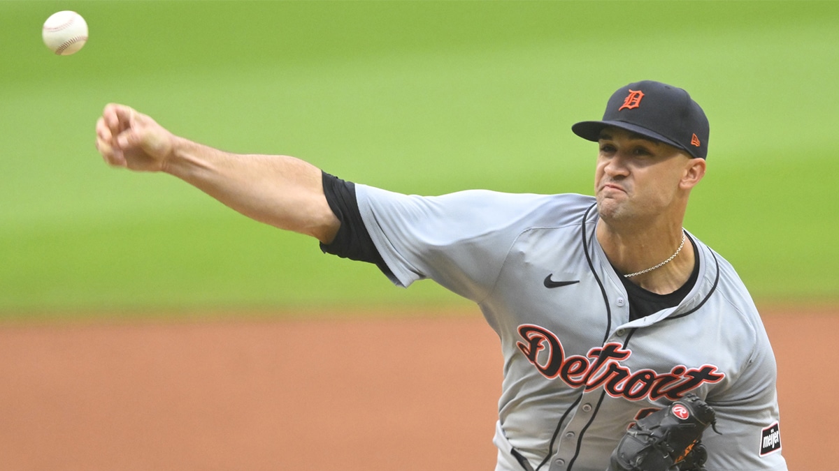 Jul 24, 2024; Cleveland, Ohio, USA; Detroit Tigers starting pitcher Jack Flaherty (9) delivers a pitch in the first inning against the Cleveland Guardians at Progressive Field. Mandatory Credit: David Richard-USA TODAY Sports