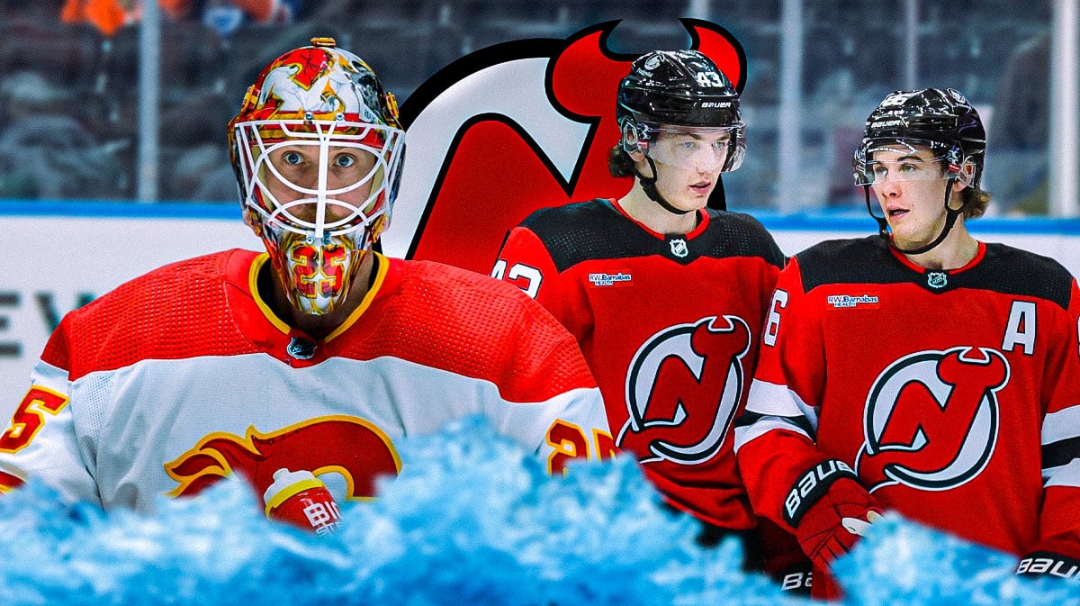 Jacob Markstrom in middle, Jack and Luke Hughes on either side, New Jersey Devils logo, hockey rink in background