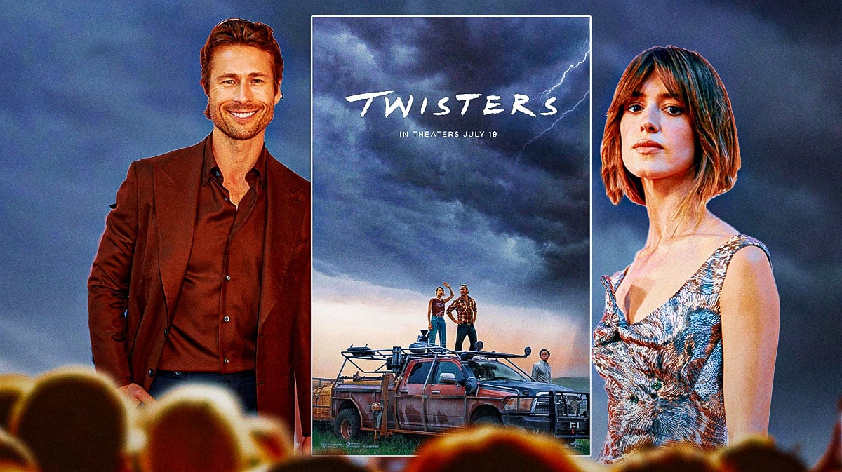 Glen Powell and Daisy Edgar-Jones with Twisters poster.