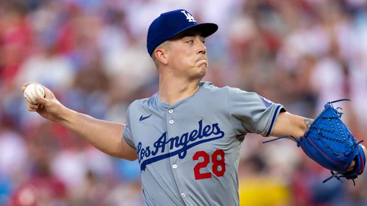 Los Angeles Dodgers pitcher Bobby Miller (28) throws a pitch during the third inning against the Philadelphia Phillies