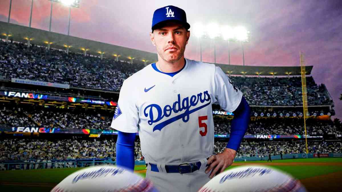 Los Angeles Dodgers star Freddie Freeman in front of Dodger Stadium.