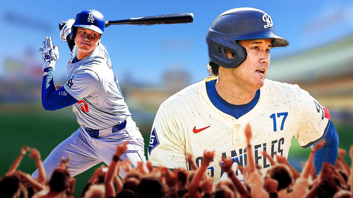 Dodgers Shohei Ohtani in the middle. Close-up image, looking serious. In background, need Dodger Stadium. Also need Dodgers Shohei Ohtani swinging a baseball bat in background.