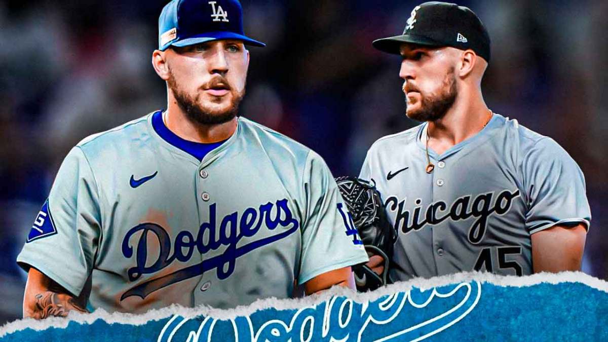Garrett Crochet in split of Dodgers and White Sox jerseys