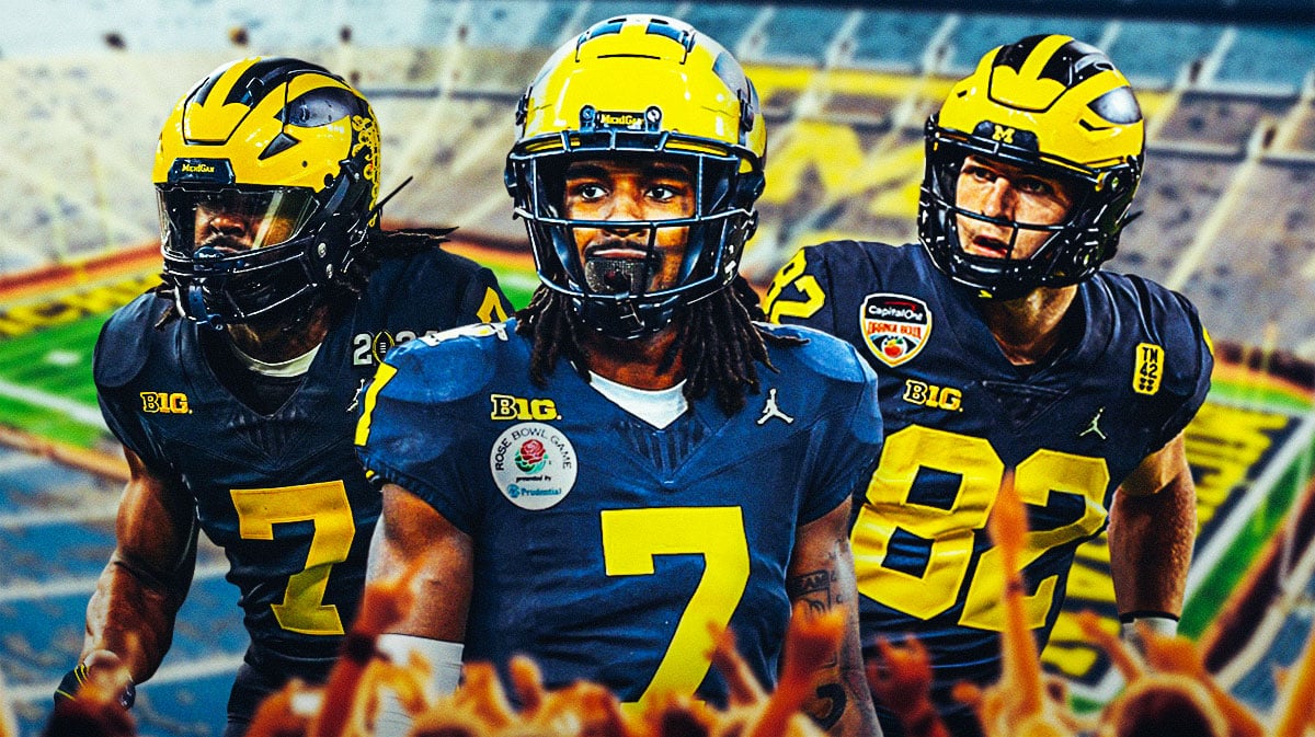 Michigan football, Wolverines, Donovan Edwards, Max Bredeson, Makari Paige, Donovan Edwards, Makari Paige and Max Bredeson in Michigan unis with Michigan football stadium in the background