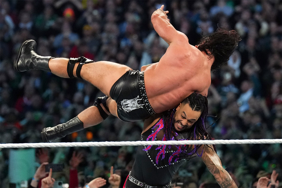 Drew McIntyre and Damian Priest at WrestleMania XL. McIntyre would later win the men's Money in the Bank ladder match and attempt to cash in on Priest.