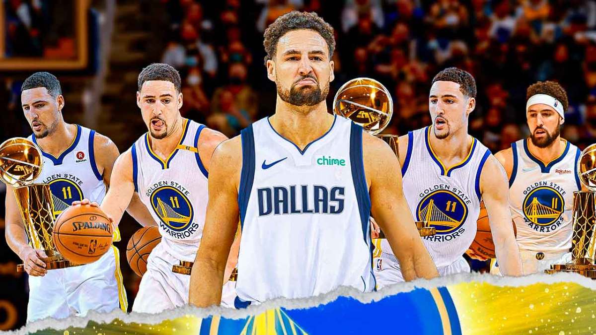 Mavericks' Klay Thompson in the middle, with four Warriors versions of himself (2015,2017,2018,2022) holding the Larry O'Brien trophy on the side