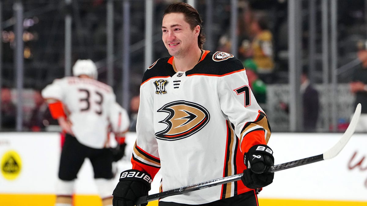 Anaheim Ducks right wing Frank Vatrano (77) warms up before the start of a game against the Vegas Golden Knights at T-Mobile Arena.