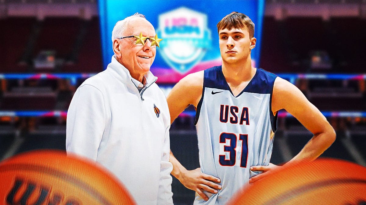 Jim Boeheim with stars over his eyes next to Duke basketball's Cooper Flagg