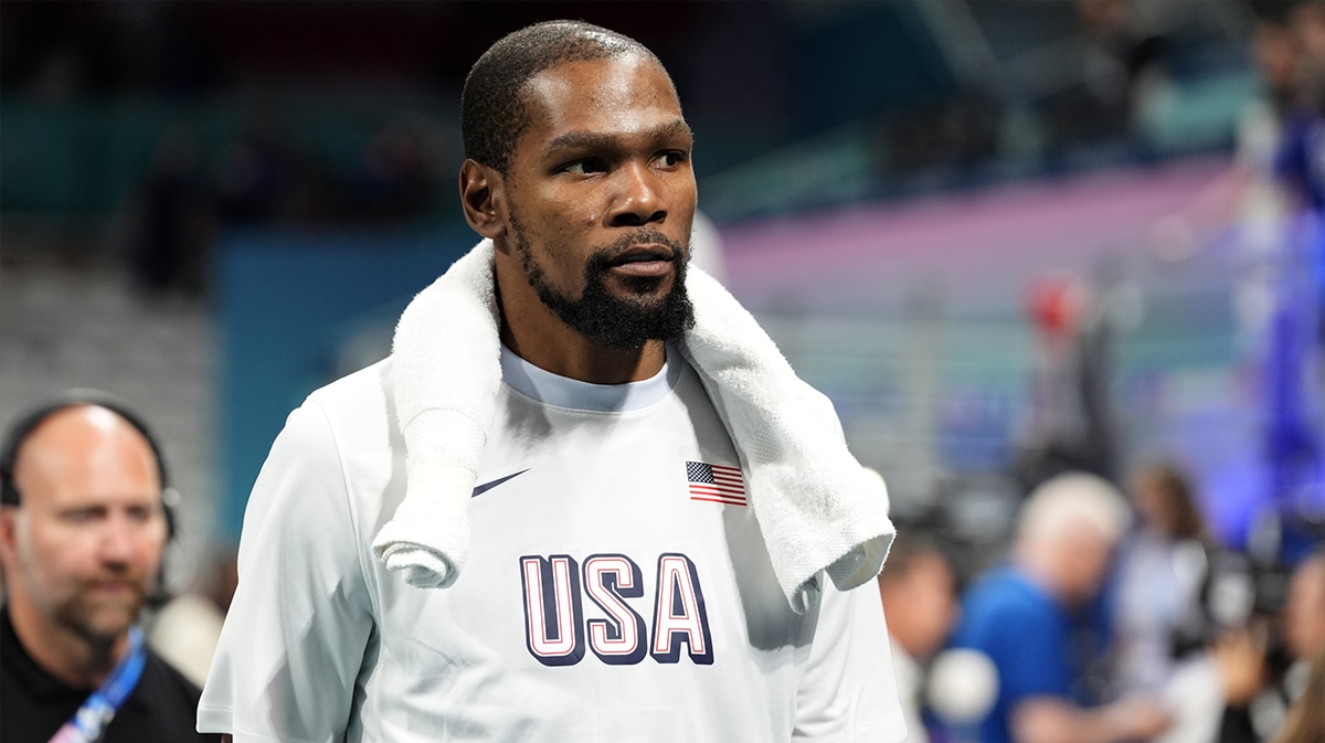 United States guard Kevin Durant (7) after a game against Serbia during the Paris 2024 Olympic Summer Games at Stade Pierre-Mauroy.