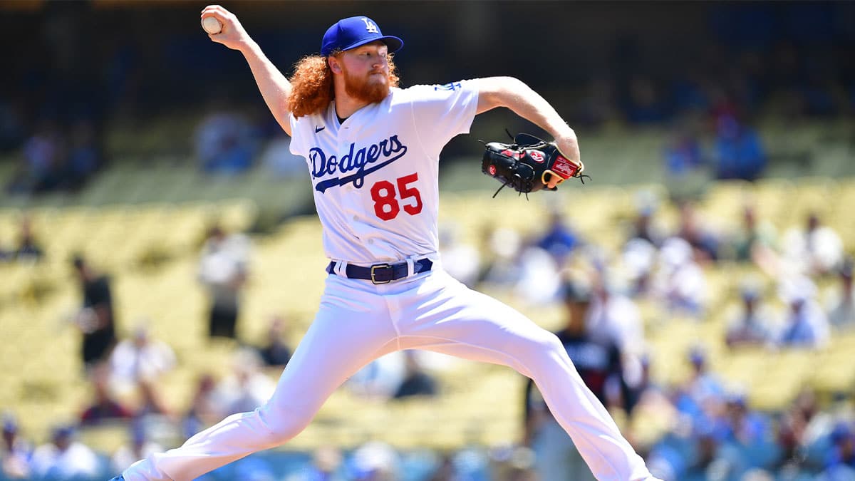 Los Angeles Dodgers starting pitcher Dustin May (85) throws against the Minnesota Twins during the first inning at Dodger Stadium.