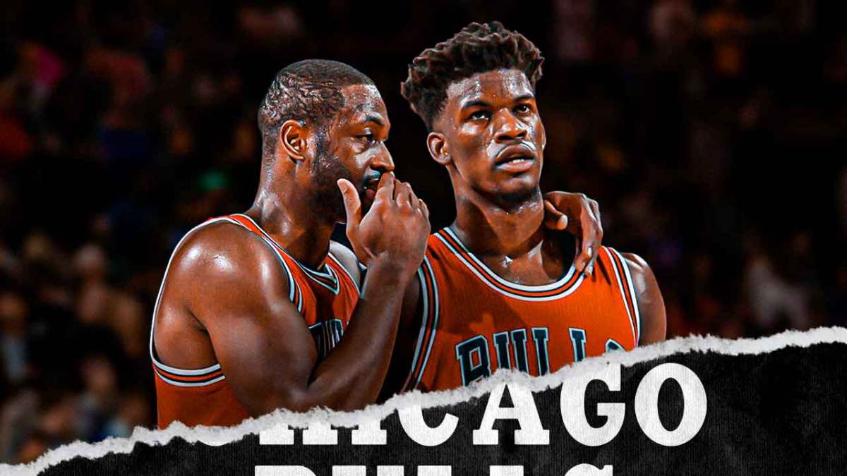 Bulls, Heat, Dwyane Wade, Jimmy Butler, Dwyane Wade Jimmy Butler, Dwyane Wade and Jimmy Butler with Bulls arena in the background
