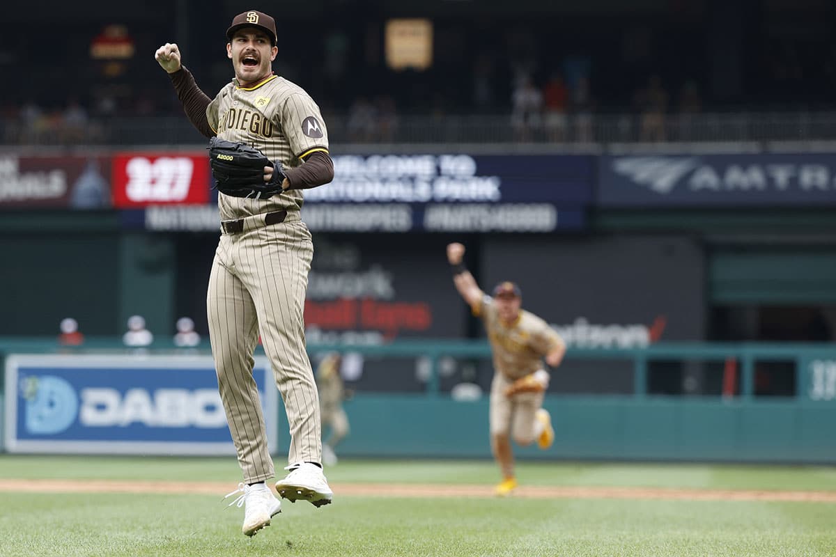 San Diego Padres starting pitcher Dylan Cease (84) celebrates after the final out of a no-hitter against the Washington Nationals at Nationals Park. 