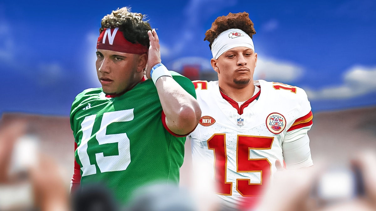 Nebraska football, Cornhuskers, Dylan Raiola, Patrick Mahomes, Dylan Raiola Patrick Mahomes, Dylan Raiola and Patrick Mahomes with Nebraska football stadium in the background