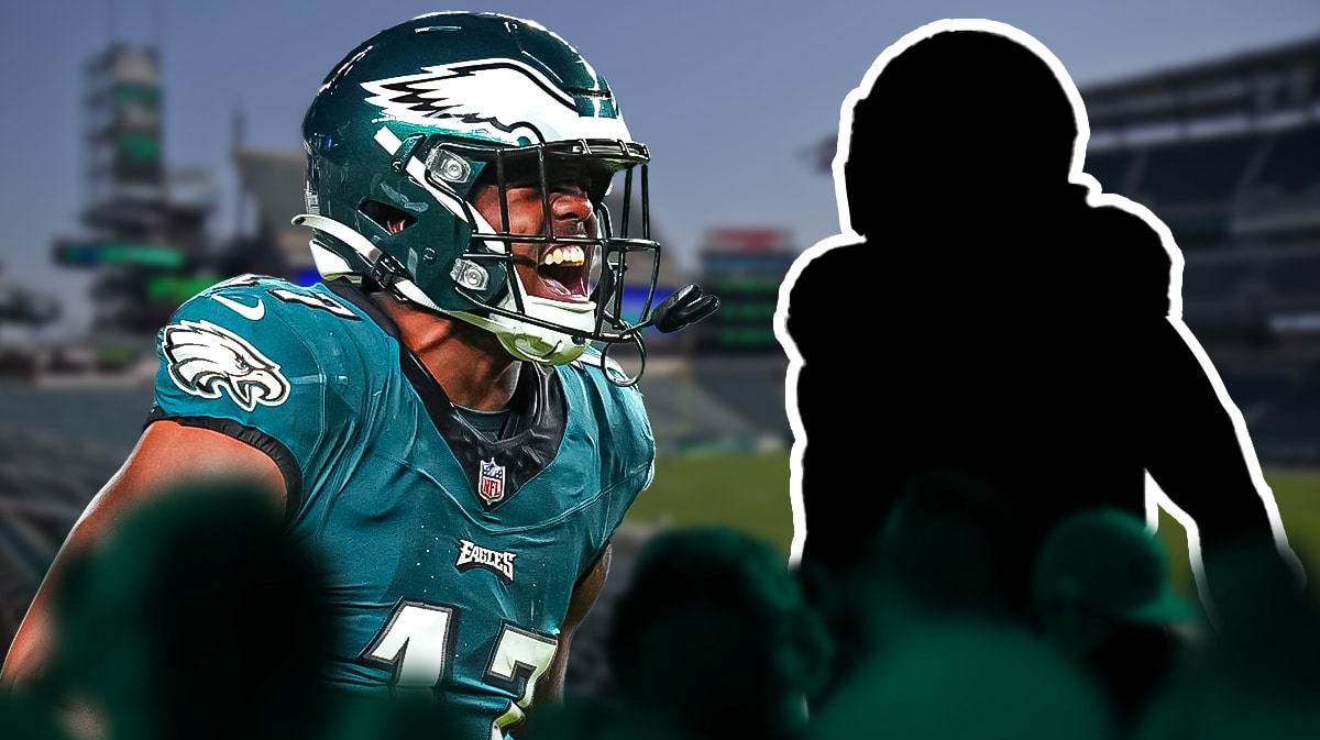 Nakobe Dean next to the blacked-out silhouette of Nakobe Dean at Lincoln Financial Field.