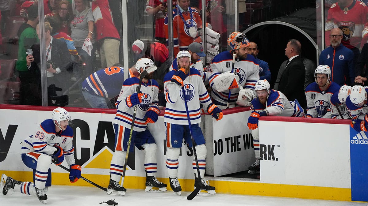 Edmonton Oilers look on after the defeat against Florida Panthers in game seven of the 2024 Stanley Cup Final at Amerant Bank Arena.