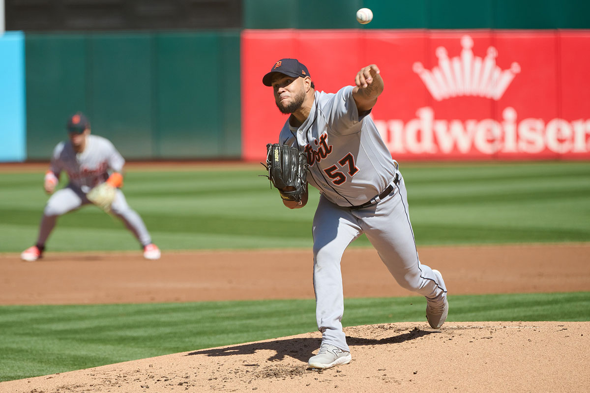 Sep 24, 2023; Oakland, California, USA; Detroit Tigers starting pitcher Eduardo Rodriguez (57) throws a pitch against the Oakland Athletics during the first inning at Oakland-Alameda County Coliseum. 