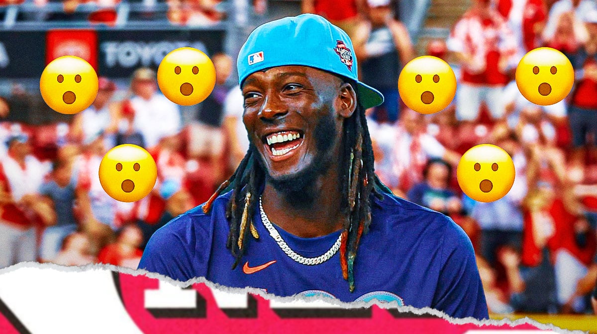 Elly De La Cruz on one side, a bunch of MLB fans on the other side with shocked emojis around them
