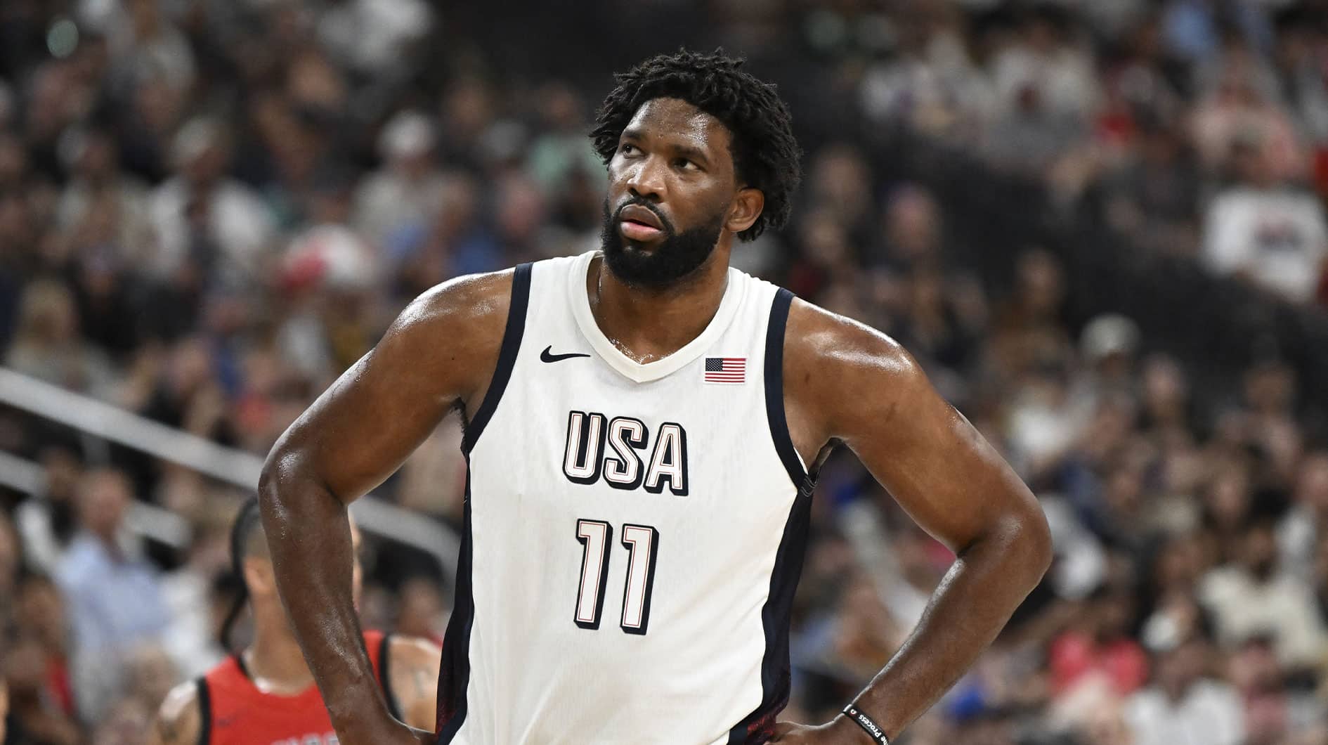 Las Vegas, Nevada, USA; USA forward Joel Embiid (11) looks on during the third quarter against Canada in the USA Basketball Showcase at T-Mobile Arena.